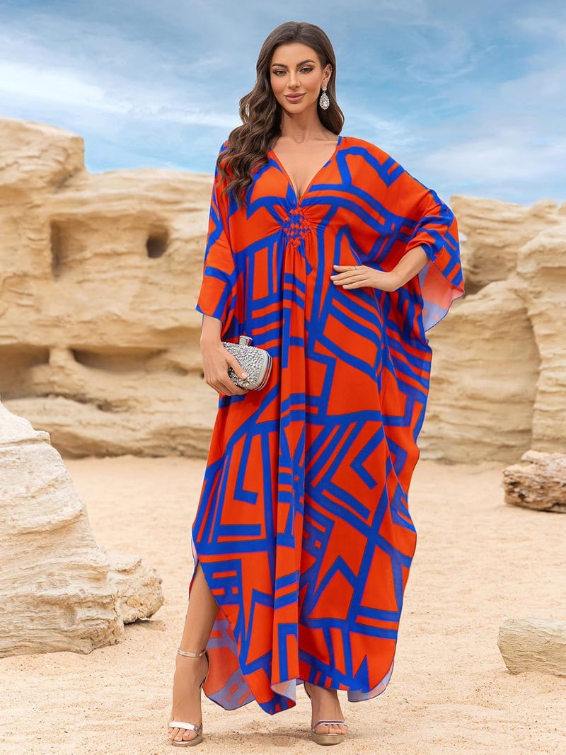 KEYLORTING Women’s Kaftan Beach Cover Up Dress Plus Size Summer Swimsuit Loungewear Maxi Dress - Image 4